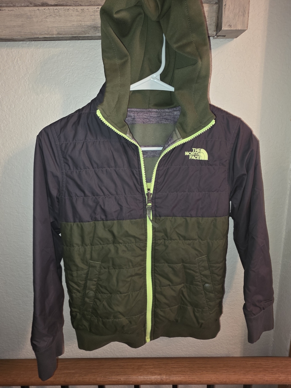 The North Face Olive Green & Grey Hooded Puffer Jacket with Lime Zipper, S, 7/8